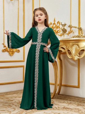 Charvi Indi Girls Maxi/Full Length Party Dress(Green, Full Sleeve)