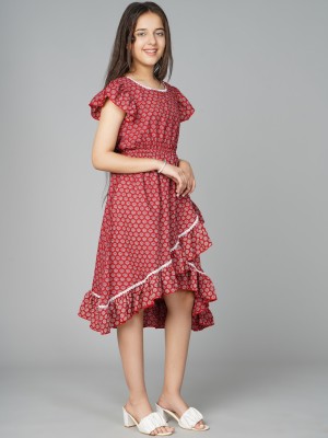 Priyal Designer Girls Above Knee Casual Dress(Red, Short Sleeve)
