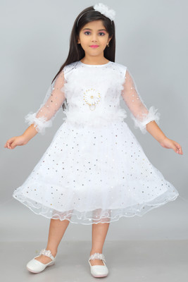 ARUNA CREATIONn Girls Below Knee Casual Dress(White, 3/4 Sleeve)