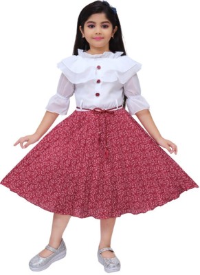 SM MUNIF DRESSES Girls Above Knee Casual Dress(Red, 3/4 Sleeve)