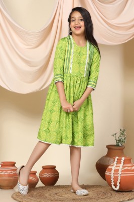 Mirrow Trade Girls Midi/Knee Length Casual Dress(Light Green, 3/4 Sleeve)