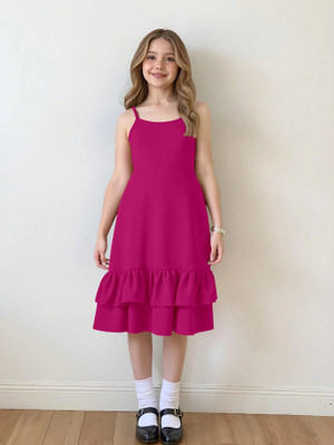 Amrityu Creation Girls Below Knee Casual Dress(Pink, Sleeveless)