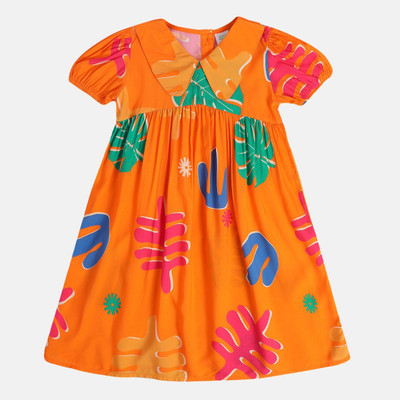 MINI KLUB Girls Midi/Knee Length Casual Dress(Orange, Half Sleeve)