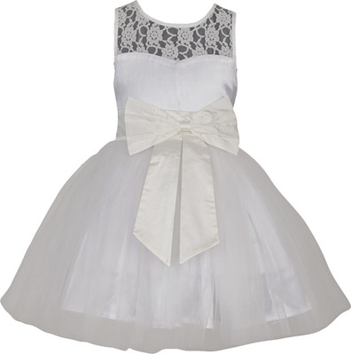Shahina Fashion Girls Midi/Knee Length Party Dress(White, Sleeveless)