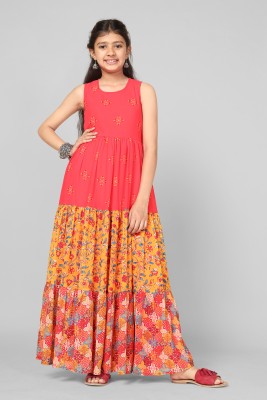 Mirrow Trade Girls Maxi/Full Length Festive/Wedding Dress(Orange, Sleeveless)
