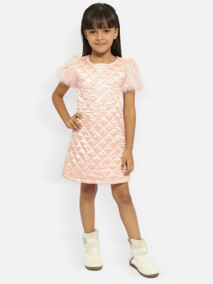 NautiNati Girls Midi/Knee Length Casual Dress(Pink, Short Sleeve)
