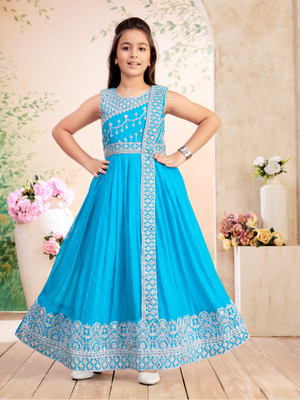 Aarika Indi Girls Maxi/Full Length Festive/Wedding Dress(Light Blue, Sleeveless)