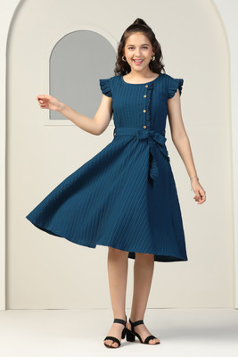Ompax Girls Below Knee Casual Dress(Dark Blue, Short Sleeve)