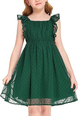 ROZZBY Girls Midi/Knee Length Casual Dress(Green, Sleeveless)