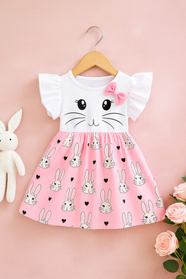 SCARFHAVEN Baby Girls Midi/Knee Length Casual Dress(Pink, Short Sleeve)