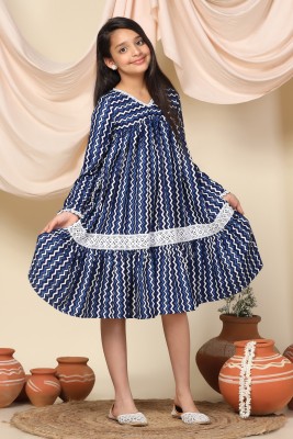 Mirrow Trade Girls Midi/Knee Length Casual Dress(Blue, 3/4 Sleeve)