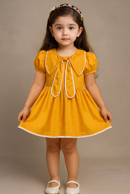 SARDAR DRESSES Baby Girls Midi/Knee Length Party Dress(Yellow, Short Sleeve)