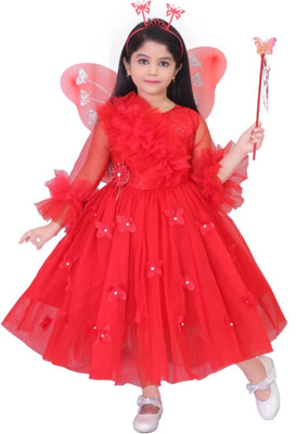 ARUNA CREATIONn Girls Maxi/Full Length Party Dress(Red, 3/4 Sleeve)