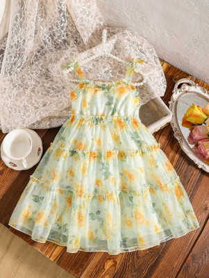 Gen Alpha Baby Girls Midi/Knee Length Party Dress(Yellow, Sleeveless)