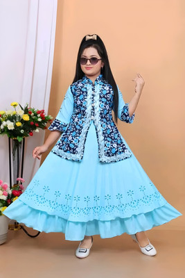 A Asma dresses Girls Calf Length Casual Dress(Light Blue, 3/4 Sleeve)