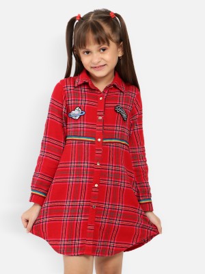 NautiNati Girls Above Knee Casual Dress(Red, Full Sleeve)