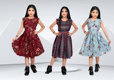 wwo Girls Calf Length Casual Dress(Multicolor, Sleeveless)