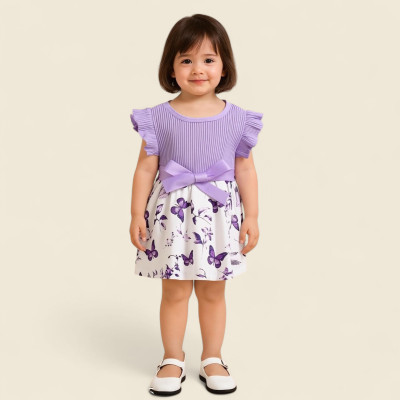 NSGARMENTSN Baby Girls Below Knee Casual Dress(Purple, White, Cap Sleeve)