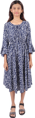 aarom Girls Below Knee Casual Dress(Blue, Full Sleeve)