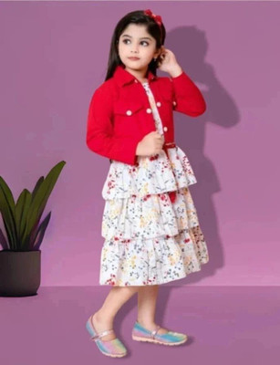 KidsCute Girls Below Knee Casual Dress(Multicolor, Full Sleeve)