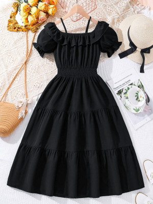 dhvani fashion Indi Girls Midi/Knee Length Casual Dress(Black, Short Sleeve)