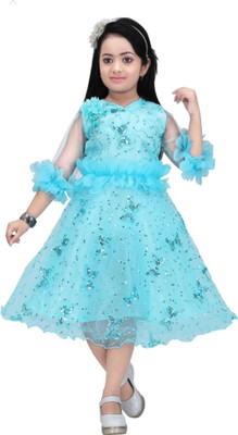 ARUNA CREATIONn Girls Maxi/Full Length Festive/Wedding Dress(Blue, Short Sleeve)