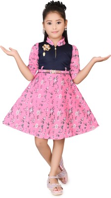 MR KOLKATA Indi Girls Midi/Knee Length Casual Dress(Pink, 3/4 Sleeve)