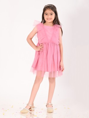 BONKIDS Girls Below Knee Casual Dress(Pink, Sleeveless)