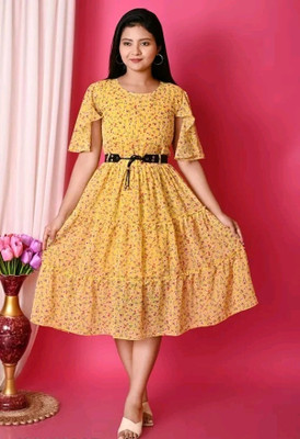 DWIVEDI Indi Girls Midi/Knee Length Party Dress(Yellow, Fashion Sleeve)