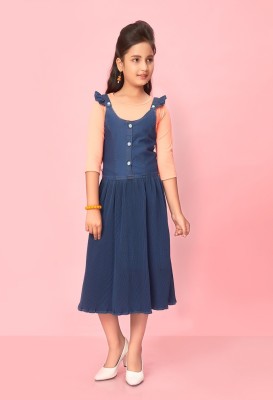 MUHURATAM Indi Girls Calf Length Party Dress(Pink, 3/4 Sleeve)
