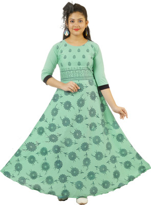 ZOOBA Girls Maxi/Full Length Casual Dress(Light Green, 3/4 Sleeve)
