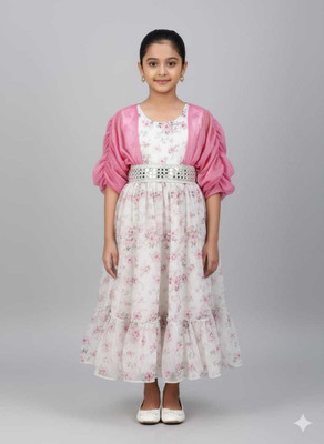 Mauli Collection Girls Calf Length Casual Dress(Pink, Half Sleeve)