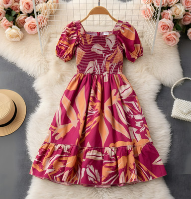 Deklook Girls Midi/Knee Length Party Dress(Pink, Short Sleeve)