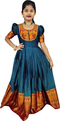 Jhanvi Lifestyle Indi Girls Maxi/Full Length Casual Dress(Light Blue, Half Sleeve)