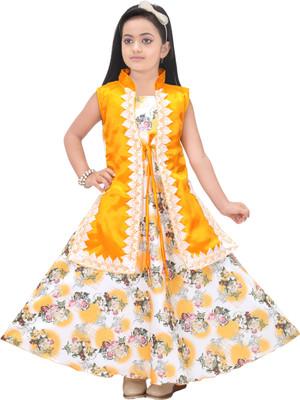 UNICKFASHION Indi Girls Maxi/Full Length Festive/Wedding Dress(Yellow, Sleeveless)