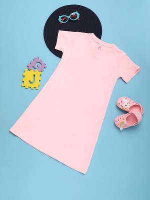 V-MART Girls Midi/Knee Length Casual Dress(Pink, Short Sleeve)