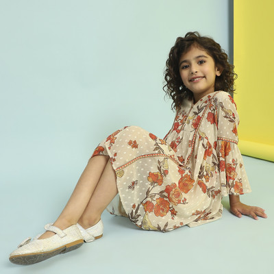 BIBA Girls Midi/Knee Length Casual Dress(Multicolor, 3/4 Sleeve)