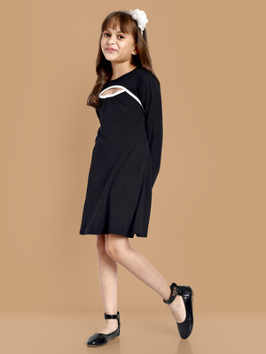 Lazy Shark Girls Midi/Knee Length Casual Dress(Black, Full Sleeve)