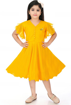 SHB COLLECTION Indi Girls Midi/Knee Length Casual Dress(Yellow, Short Sleeve)