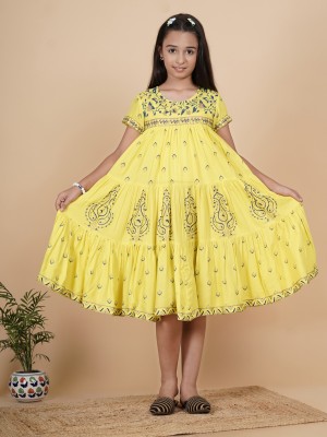JustShe Girls Calf Length Festive/Wedding Dress(Yellow, Short Sleeve)