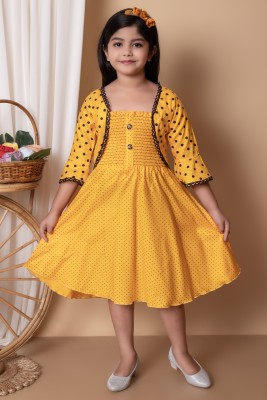 Coco Fashion Girls Midi/Knee Length Casual Dress(Yellow, 3/4 Sleeve)