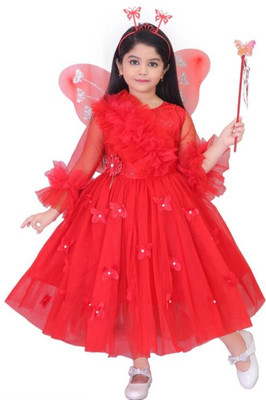 Aruna Trend Girls Calf Length Festive/Wedding Dress(Red, Cap Sleeve)