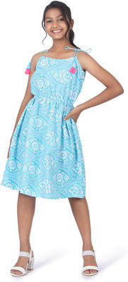 SILK SPARROW Indi Girls Midi/Knee Length Casual Dress(Blue, Sleeveless)