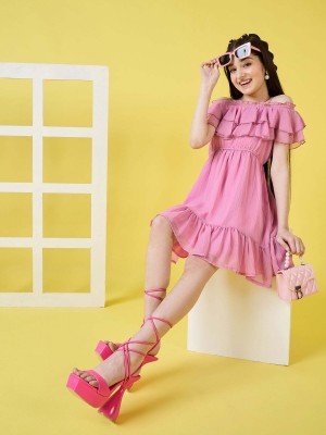 Stylo Bug Girls Midi/Knee Length Casual Dress(Pink, Short Sleeve)