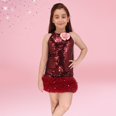 Cutecumber Baby Girls Midi/Knee Length Party Dress(Maroon, Sleeveless)