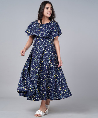 Aarya Designer Girls Maxi/Full Length Party Dress(Dark Blue, Short Sleeve)