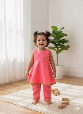 FLEXAA Girls Festive & Party, Casual, Formal, Wedding Kurta and Palazzo Set(Pink Pack of 1)