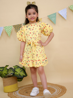 Junitos Indi Girls Midi/Knee Length Casual Dress(Yellow, Half Sleeve)