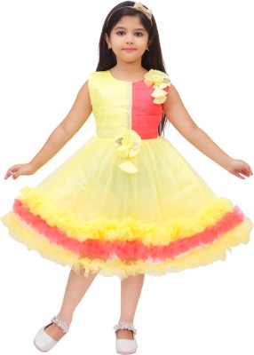 TODAY F Girls Calf Length Party Dress(Yellow, Sleeveless)