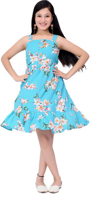 NAIDA Girls Midi/Knee Length Casual Dress(Blue, Sleeveless)